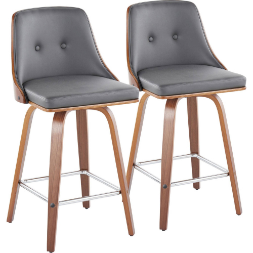 Gianna Swivel Counter Stool in Walnut Wood & Grey Leatherette with Chrome Footrest (Set of 2)
